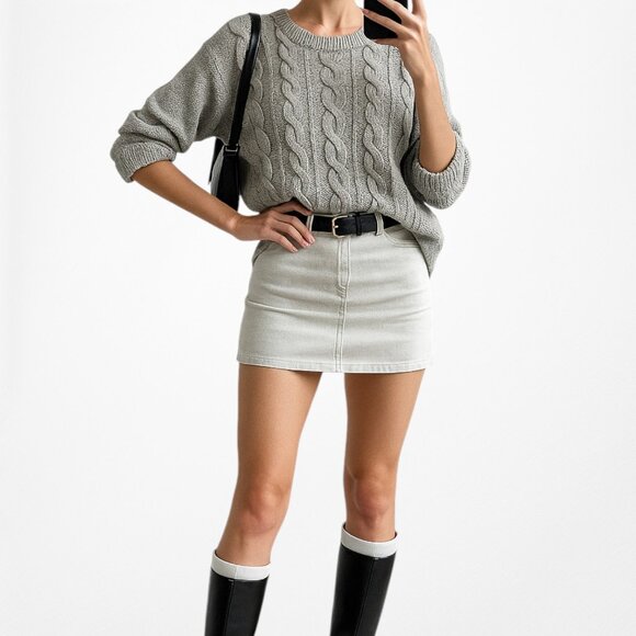 Vintage Y2K Gray Metallic Cable Knit Oversized Wool Blend Sweater Size S - Picture 1 of 6